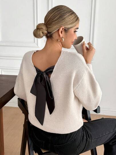 Serisse 女士休闲宽松针织毛衣，后背蝴蝶结落肩，长袖