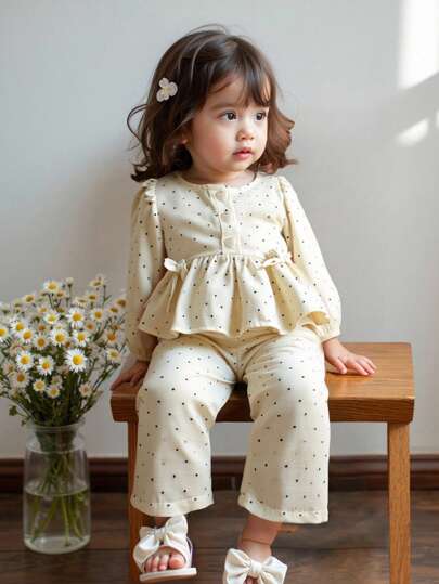 SHEIN 可爱优雅的蝴蝶结荷叶边波点上衣和松紧腰裤两件套