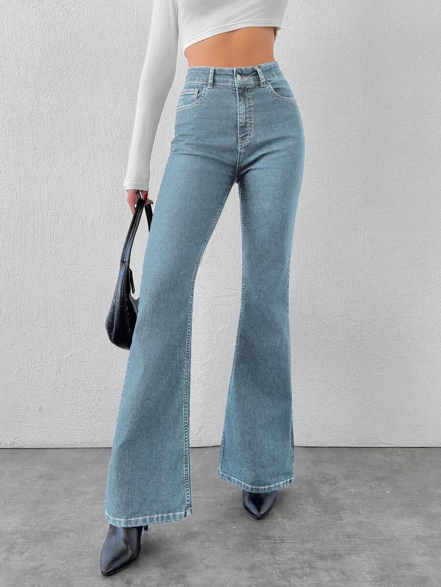 SHEIN Cottnline Women's High Waisted Dark Washed Cotton Elastic Denim Jeans - Baby Blue - View 1