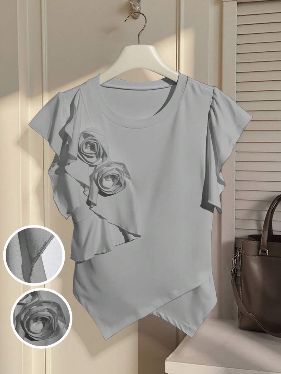 SHEIN Privé 女士纯色 3D 花朵装饰荷叶边下摆休闲 T 恤 - 灰色 - 查看 1