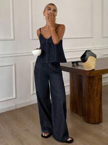 DAZY Women's Summer Flounce Strap Top And Wide-Leg Jeans 2-Piece Set - Dark Wash - View 6