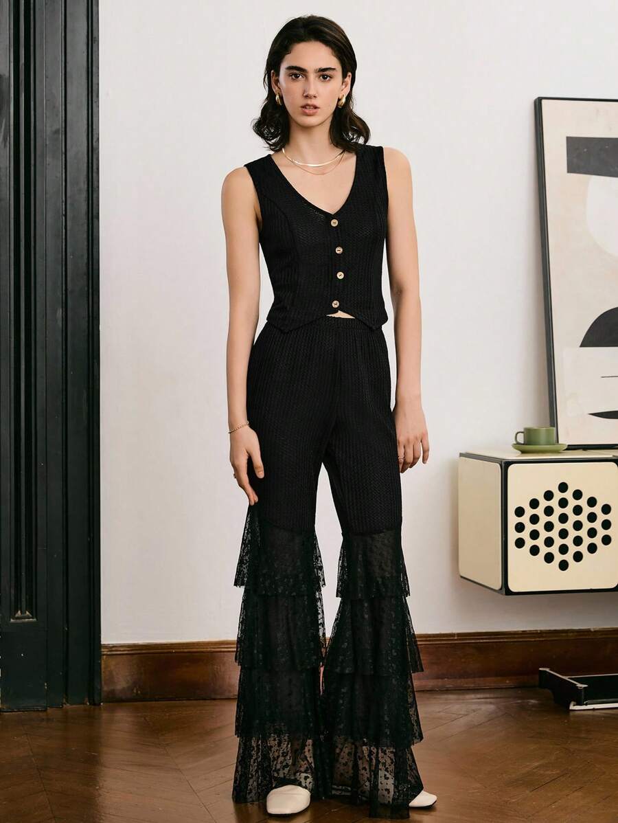 Moireta Women's Elegant Black Polyester Sleeveless V-Neck Top And Long Contrast Mesh Flare Pants Set For Luxurious Lounge Wear - Black - View 1