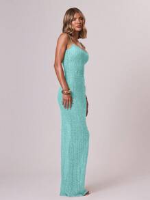 SHEIN x Eduarda Gutierrez MUSERA 亮片针织吊带修身长裙，适合伊比沙岛度假、春季、夏季、海滩婚礼宾客、优雅场合、约会之夜、秋季等各种场合。 - 藍色 - 查看 3