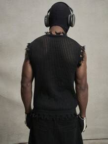 PAVTROS Manfinity Streetrush Men's Casual Street Stylish Number & Letter Graphic Raw Edge Knitted Vest, Summer Back To School - Black - View 4