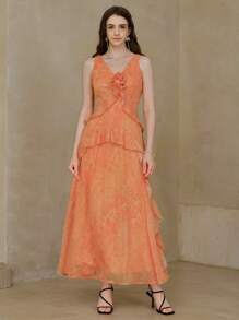 MOTF PREMIUM VESTIDO CON VOLANTES FLORALES ESTÉREO - Naranja - Ver 4
