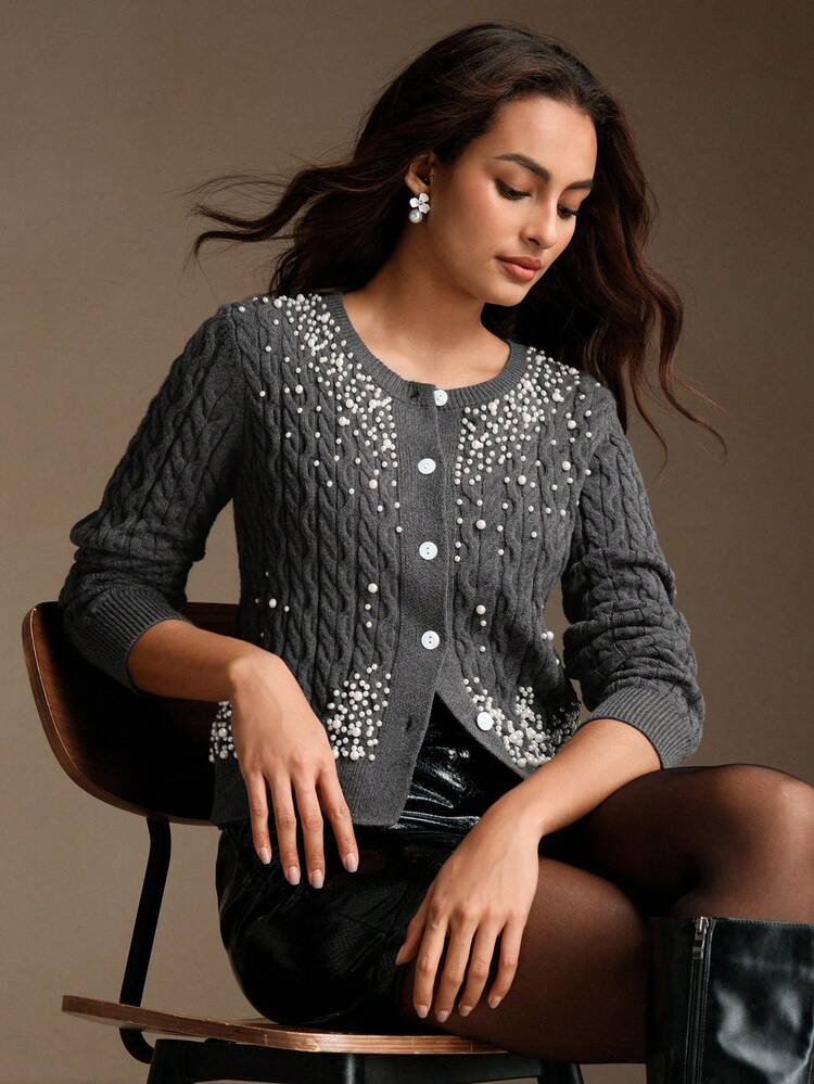 Cardigan Elegante Feminino com Flores Torcidas e Contas, Suéter de Malha de Gola Redonda de Manga Longa Cinza, Outono/Inverno