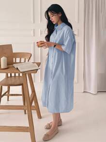 DAZY 女士宽松中长款短袖衬衫裙 夏季女装连衣裙 - 藍色 - 查看 3