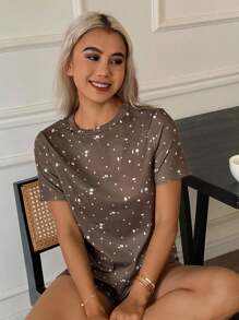 DAZY 2件套女士休闲舒适短袖T恤和短裤睡衣套装睡衣 - 咖啡棕 - 查看 5