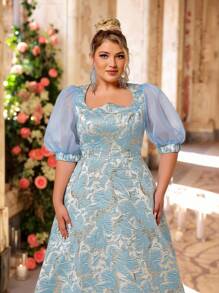 SHEIN Belle 加大码夏季优雅浪漫奢华蓝色卢勒克斯提花缎不对称领口设计泡泡袖修身宽摆下摆连衣裙，适合晚会、舞会、约会、婚礼、毕业典礼、度假 - 藍色 - 查看 4