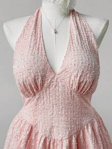 Flirla Vestido Rosa com Gola Halter Feito de Chiffon Jacquard, Tamanhos Plus Size para Mulheres - Rosa chiclete - Visão 5
