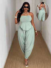 Maweii Summer Casual Sexy Backless Halter Top & Pants 2 Pieces Set, Plus Size Vacation Outfit - Green - View 2