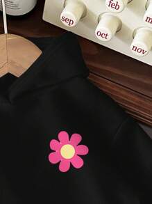 SHEIN 女婴卡通图案长袖卫衣，加厚款，适合秋冬季节穿着。女婴卫衣，黑色卫衣，花朵图案卫衣，好心情卫衣，秋季款。 - 黑色 - 查看 4