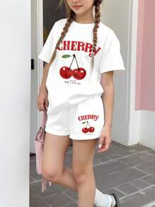 SHEIN Leap Crew Tween Girls Casual Plain Short Sleeve Shorts 2 Pieces Set, Suitable For Summer Cherry T Shirt Cherry Graphic Tee Cute Cherry Shirt Y2k Cherry Top Fruit T Shirt - Multicolor - View 3