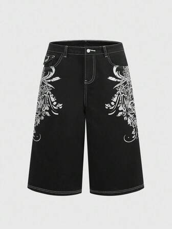 Goth Herren Kreuz Grafik Tasche Relaxed Fit Weite Beine Lässig Jeans Shorts