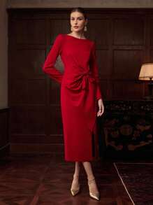 ZEYLAH 大蝴蝶结腰系带长袖连衣裙，优雅秋冬