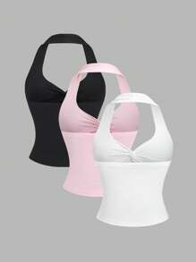 Sweetra Y2K 性感扭纹露背褶皱短款背心，百搭简约 - 彩色 - 查看 2