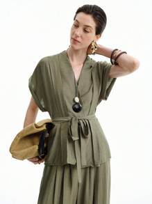 Aalyst 2pcs Women Summer Bohemian Style Tie Waist Dolman Sleeve V-Neck Top And Wide Leg Shorts Set - Green - View 6