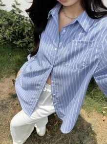 SHEIN Teen Girl French Elegant Loose Blue Striped Shirt & White Pants Casual Suit, Back To School Season - Blue - View 6