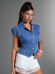 Jeanoix Chaqueta de mezclilla con cuello vuelto y botones, manga corta - Azul lavado medio - Ver 6