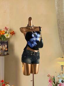 Attitoon Atasan Tube Top Wanita dengan Detail Kerut dan Ikatan di Depan, Motif Bunga, Gaya Liburan Pantai Goth, Cocok untuk Pergi Keluar - MultiWarna - View 9