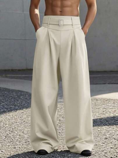 Manfinity Roghcode Pantaloni neri da uomo a vita alta con pieghe e gamba ampia, con accessorio decorativo in vita, pantaloni alla moda e versatili a vita alta, gamba ampia, con pieghe, color crema, ampi e morbidi, adatti per l'autunno