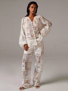 Athîral Women's Sheer Patchwork Effect Trousers, Vacation Bridal Pants - Apricot - View 4
