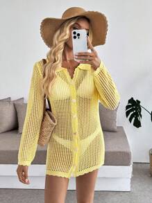 Breezaya Women's Light Yellow Semi-Sheer Open Knit Button-Up Cardigan. This Long Sleeve Collared Top Serves As A Stylish Beach Cover-Up Or A Casual Summer Tunic, Offering Breezy Comfort And Relaxed Style. - Yellow - View 6