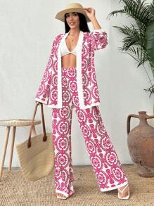EURMUSE 女士度假波西米亚花卉印花和服开衫和阔腿裤两件套 - 玫紅色 - 查看 1