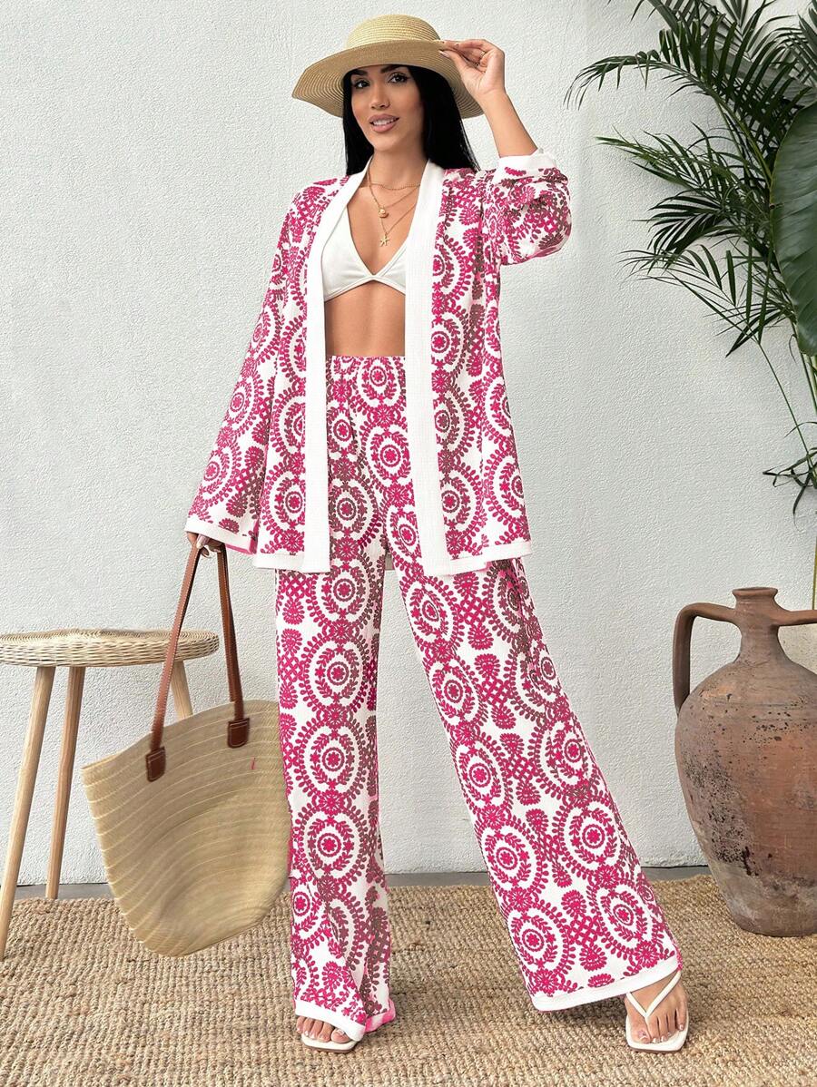 EURMUSE 女士度假波西米亚花卉印花和服开衫和阔腿裤两件套 - 玫紅色 - 查看 1