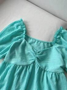 SHEIN LUNE 女士休闲纯色纹理薄荷绿泡泡袖T恤，基础日常可爱上衣，夏季女士度假沙滩露脐上衣，外出上衣，夏威夷风情，街头风，夏季女士外出沙滩上衣，波西米亚系带上衣 - 青碧色 - 查看 9