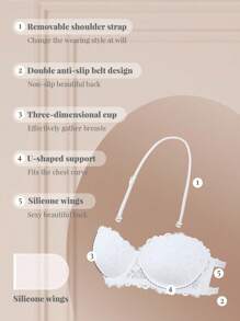1pc Lace Lingerie Bra, Underwire Plunge Lingerie Bra For Small Bust, Push Up Invisible Backless Lingerie Bra - White - View 4