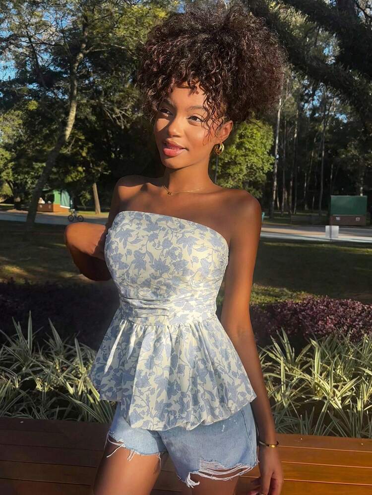 Fitted French Style Blue Ditsy Floral Strapless T-Shirt, Sleeveless Crop Top For Women,Babydoll Top Boho