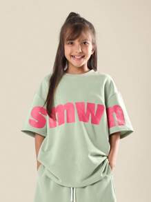 SUMWON 夏季舒适超大童女童短袖上衣和下装宽松休闲街头服饰 - 綠色 - 查看 3