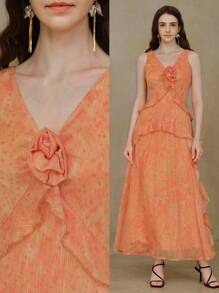 MOTF PREMIUM VESTIDO CON VOLANTES FLORALES ESTÉREO - Naranja - Ver 8