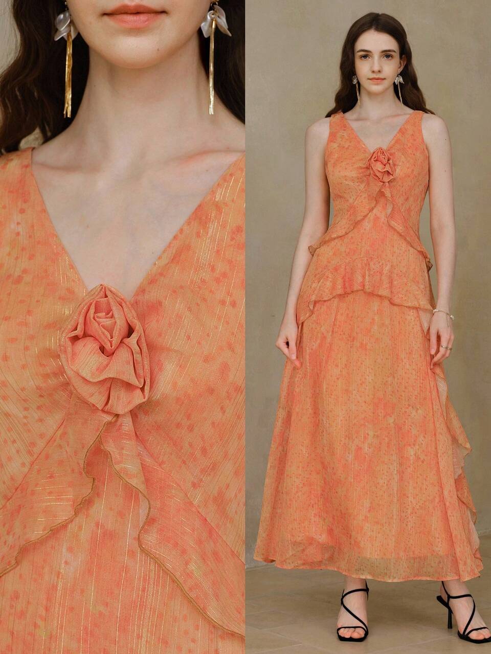 STEREO FLORAL RUFFLE TRIM DRESS