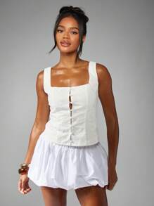 MISSGUIDED 英国刺绣背心上衣纽扣前方领棉质孔眼背心夏季无袖修身服装 - 白色 - 查看 3