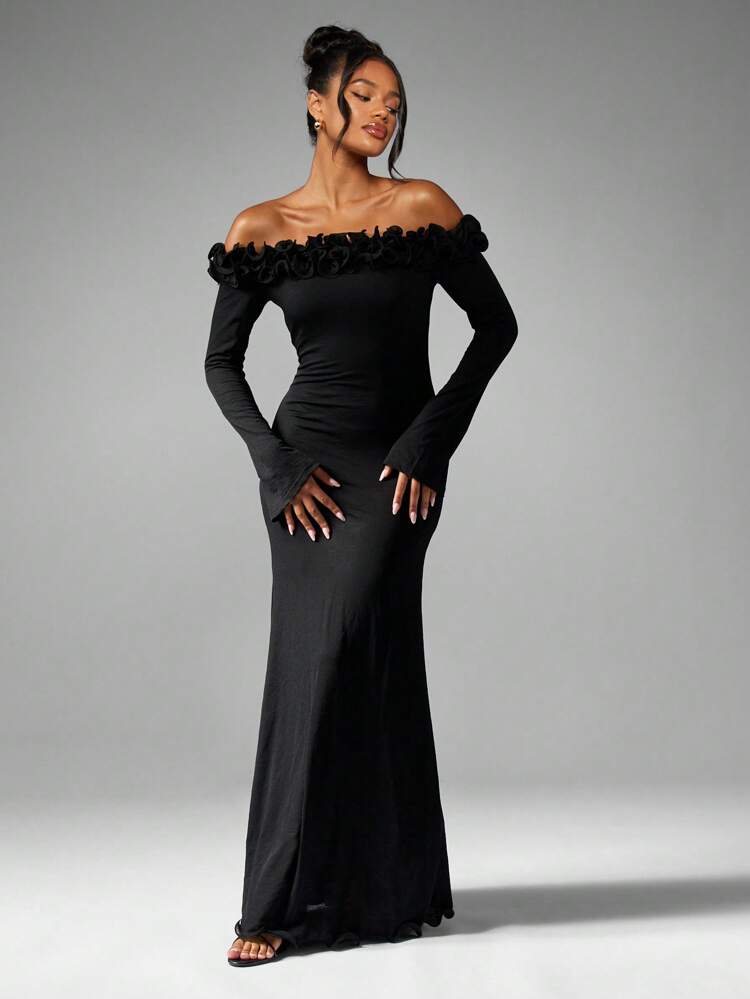 MISSGUIDED Ruffle Trim Off Shoulder Mermaid Dress Long Sleeve Floor Length Evening Gown Formal Special Occasion Wedding Guest Elegant Black Tie Ball Party Dress