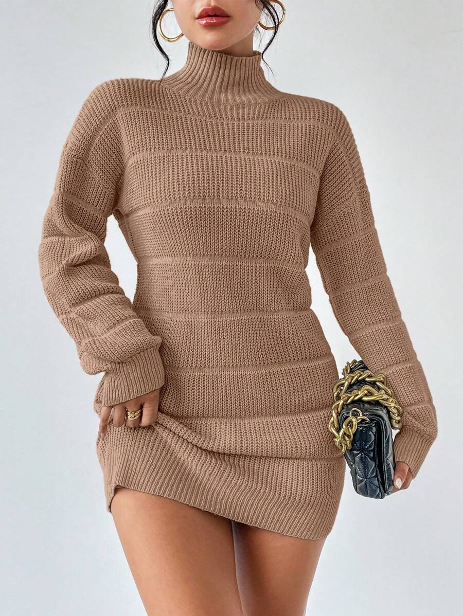 Islaluna Solid Color Turtleneck Textured Knit Long Sleeve Sweater Dress Fall Winter Cloth For Women