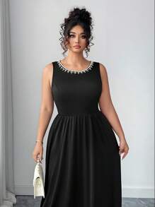 SHEIN Elenzya 大码女式黑色针织紧身珍珠边无袖优雅连衣裙，适合约会或派对 - 黑色 - 查看 6