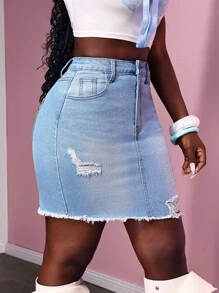 Slaydiva Casual Washed Ripped Slim Fit Denim Mini Skirt