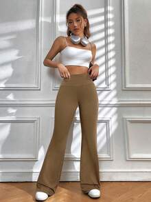 SHEIN EZwear 女士休闲运动喇叭裤，巧克力棕色 - 巧克力棕 - 查看 4
