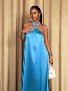 Sirith 女式无袖金属圈拼色系带连衣裙，性感露背飘逸休闲长款夏季连衣裙 - 藍色 - 查看 5