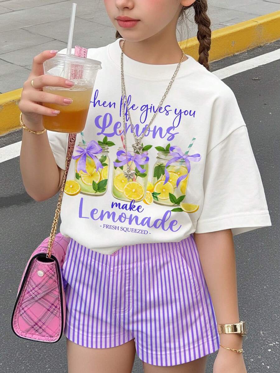 SHEIN Leap Crew 休閒印花短袖T恤,適合夏季檸檬水圖案,適合前青春期女孩與青少年,可愛花卉圖案寬鬆女款圖案T恤 - 白色 - 查看 1