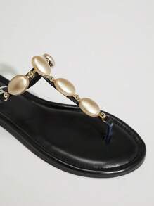 SHUZIA 女士时尚休闲舒适 Thone 平底凉鞋，带宝石装饰 - 朋克时尚、前卫 & - 黑色 - 查看 5