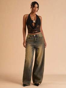 SHEIN BAE Damski głęboki dekolt z koronką i wzorem gwiazdy morskiej, seksowny top typu halter