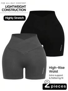 Easithlete 2 Pcs Seamless High Elastic Criss-Cross Waist Yoga Sports Shorts Workout Short High Waist Workout Shorts Lifting & Shaping Gym Sports Shorts