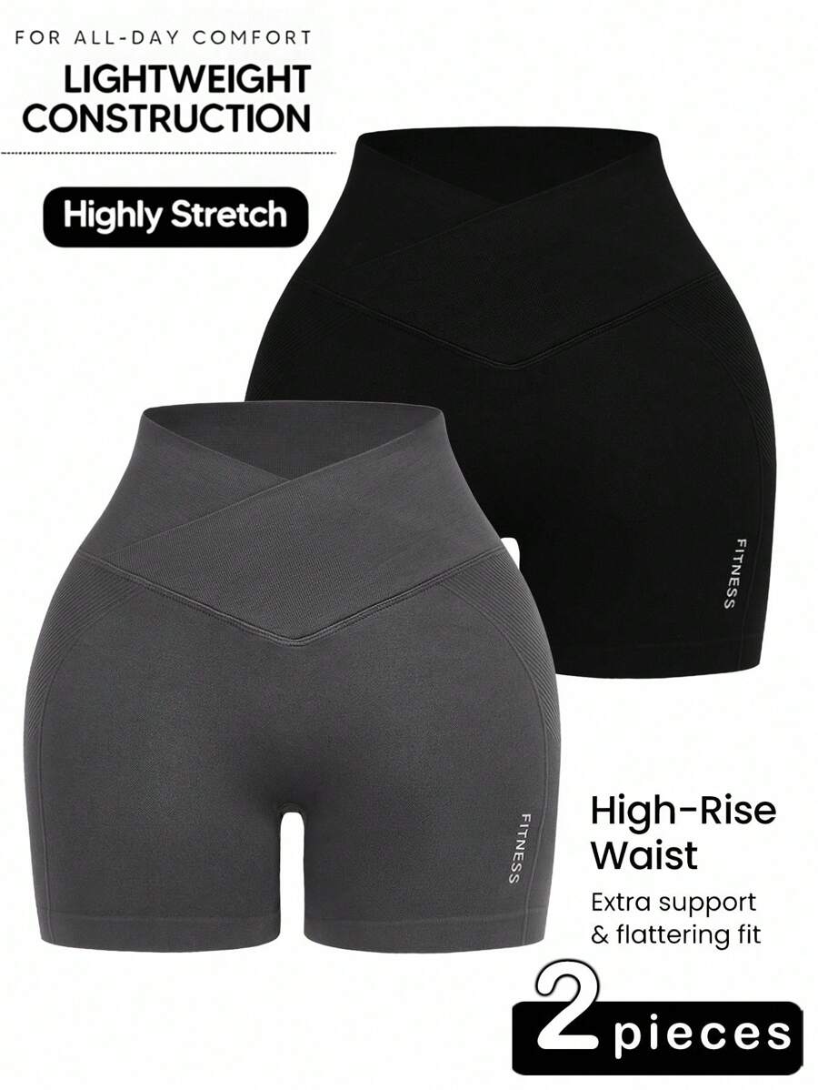 Easithlete 2 Pcs Seamless High Elastic Criss-Cross Waist Yoga Sports Shorts Workout Short High Waist Workout Shorts Lifting & Shaping Gym Sports Shorts