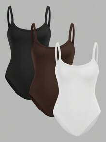 SHEIN EZwear 3 件装女式紧身衣（黑色、白色和棕色）无袖紧身衣，休闲装，夏季 - 彩色 - 查看 3