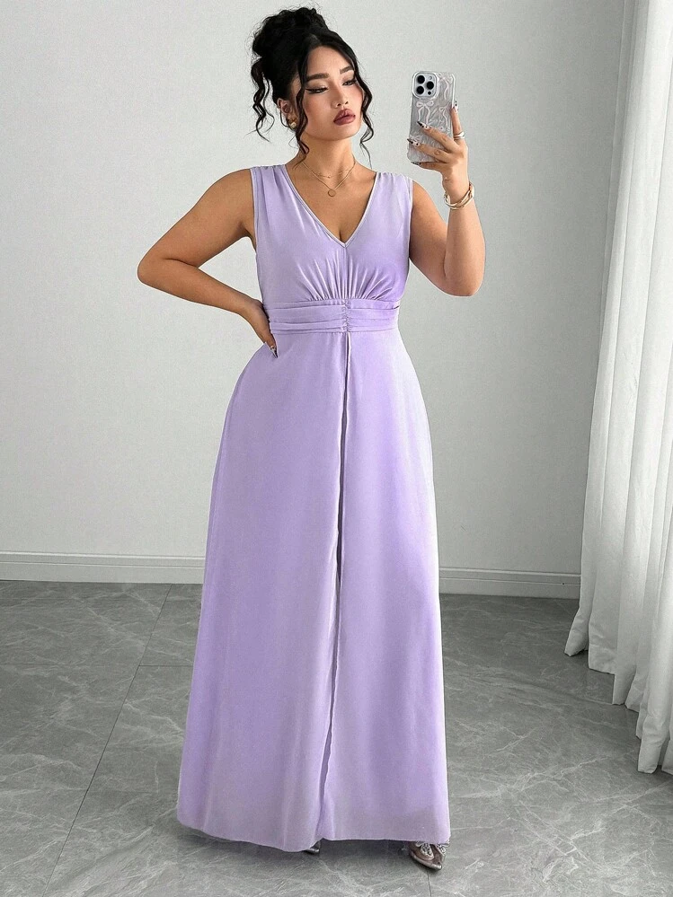 Elenzga Mono elegante con cuello en V sin mangas y drapeado para mujer talla grande - Morado - Añade 6