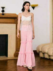 Moireta Quần ống loe ren quyến rũ dành cho nữ trưởng thành, mùa thu - Màu xanh lam - Xem 6